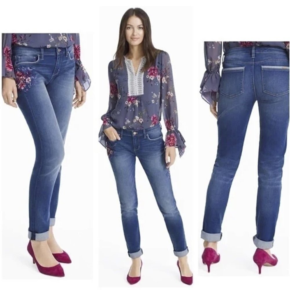 White House Black Market Denim Girlfriend Floral Embroidered Jeans - Picture 1 of 12